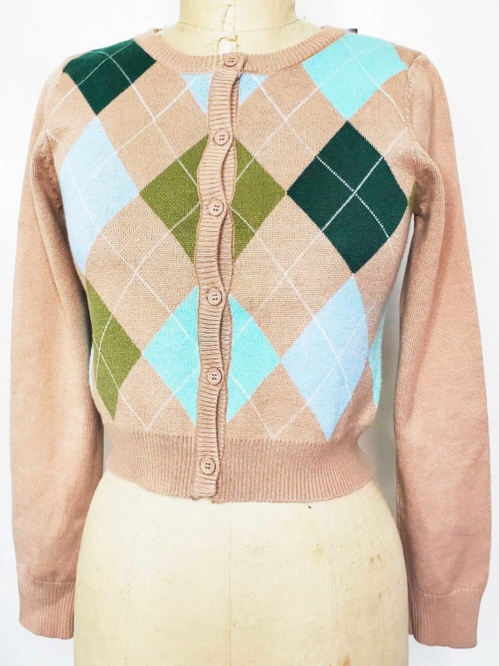 CIDER Womens Argyle Print Knit Crop Cardigan Sweater Jacket Retro S NWT
